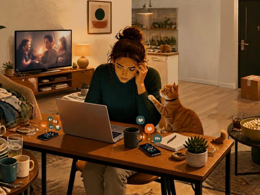 Illustration of a frustrated person working from home, surrounded by laundry, dishes, a television and a cat